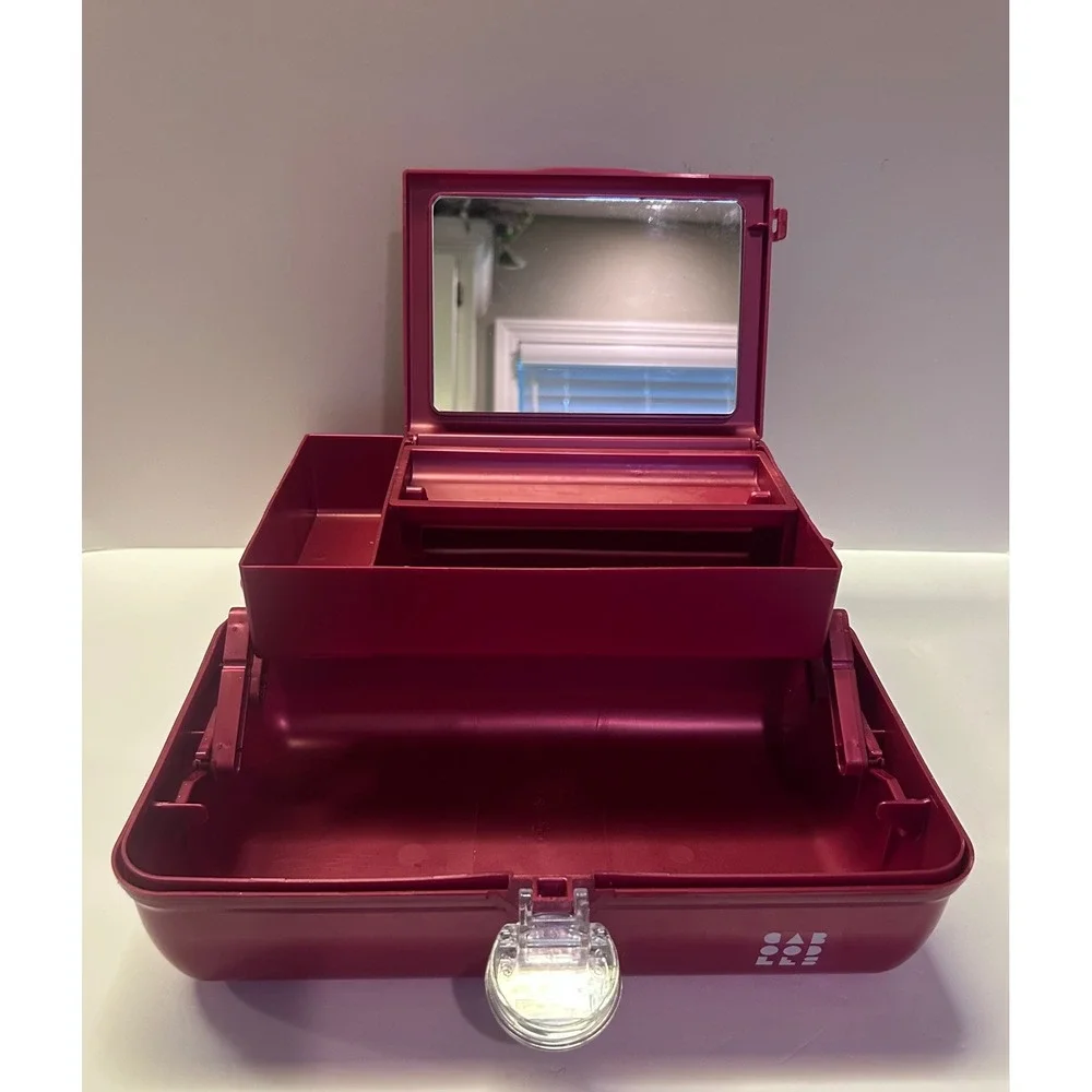 Caboodles Makeup Case Burgundy Train Cosmetic Organizer Mirror 12